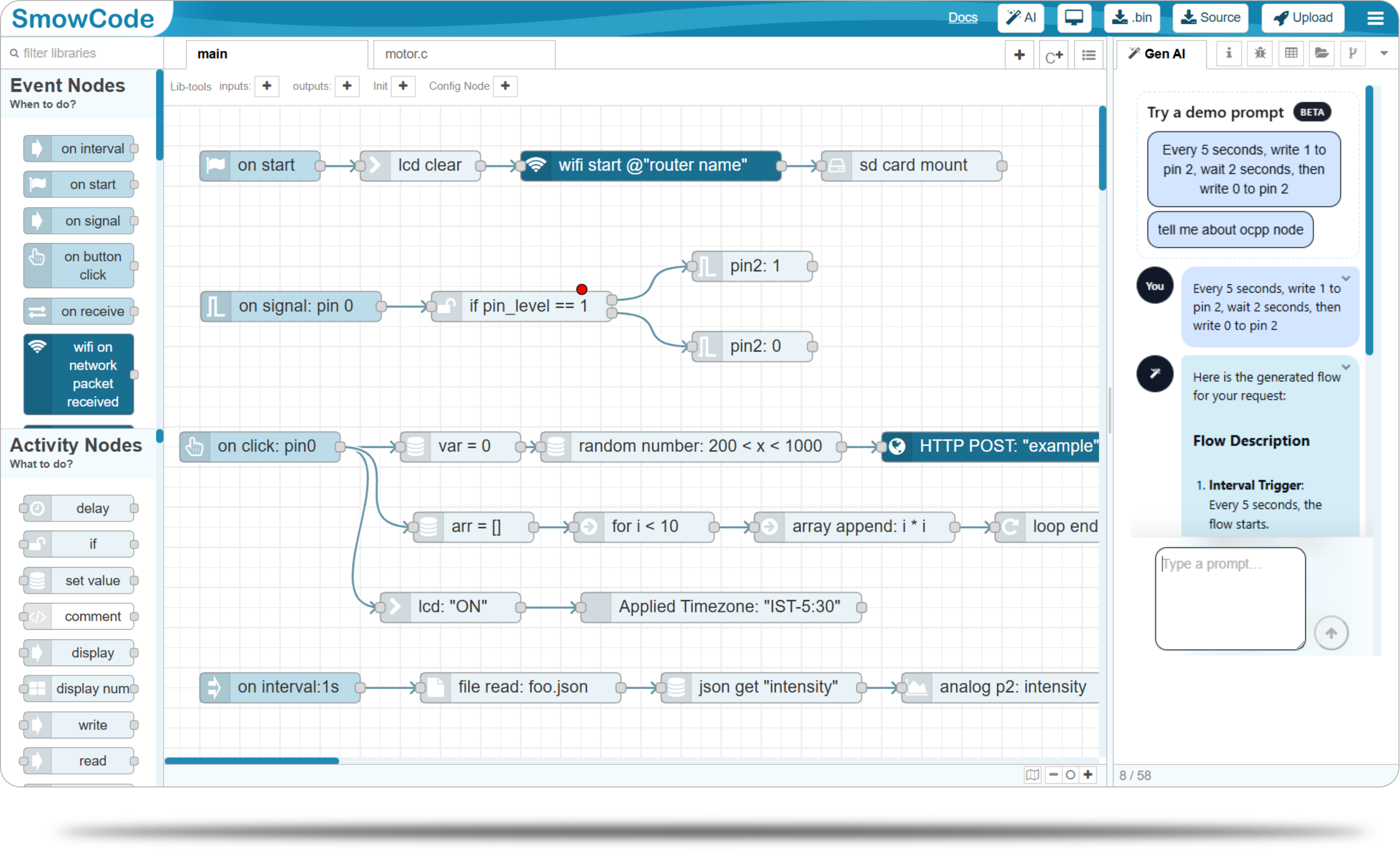 Aircode visual IDE — flow-based embedded coding